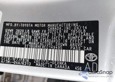 2014 Toyota Corolla Le from USA, damaged, VIN 2T1BURHE8EC149495